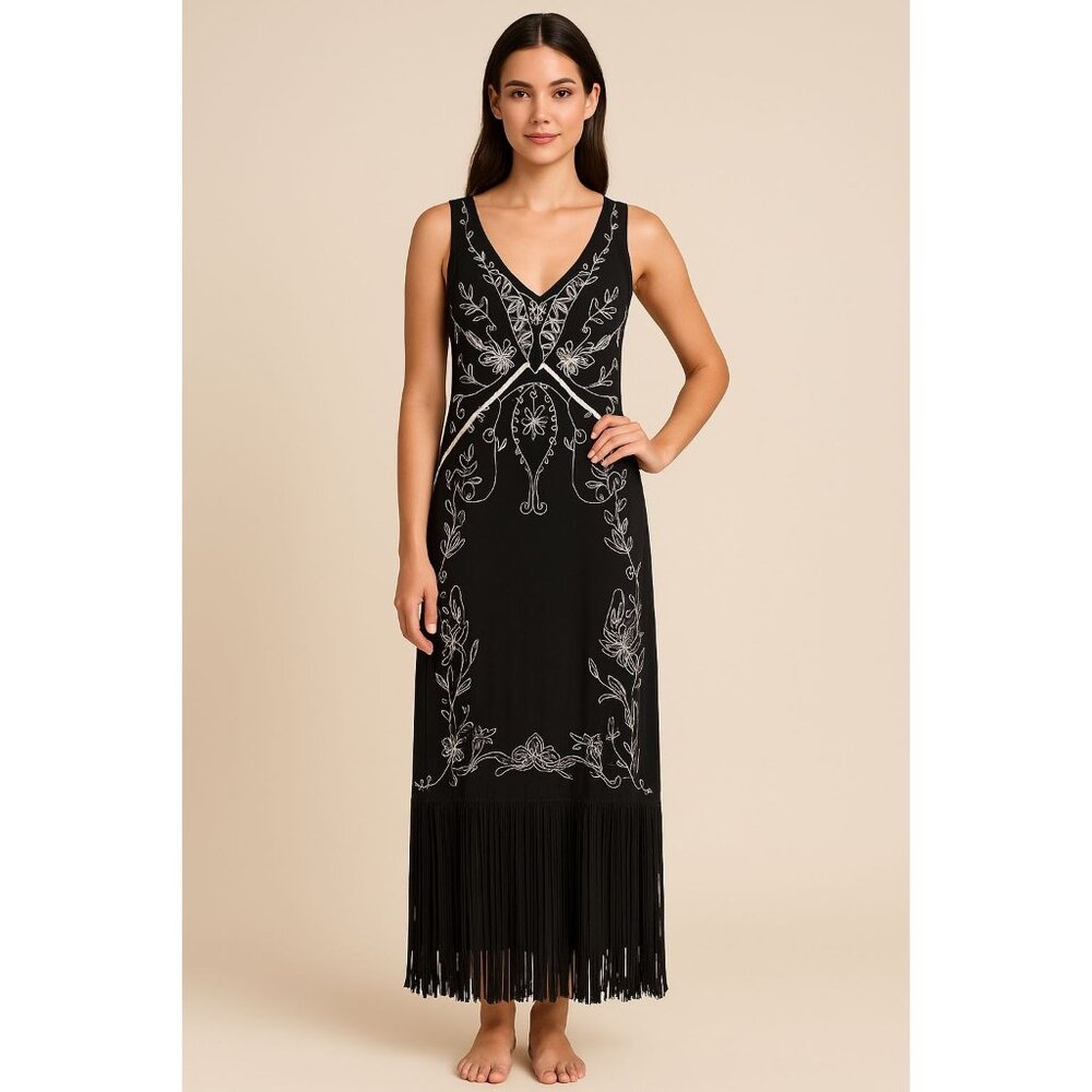 Krista Lee Women Embroidered Maxi Dress Black S Fringe Hem Whimsygoth Boho